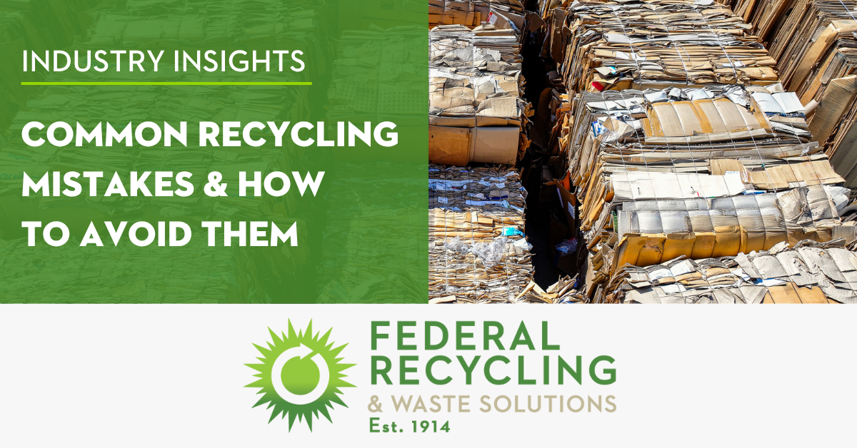 Recycling pallets in background with text overlay “Industry Insights: Common Recycling Mistakes & How to Avoid Them”